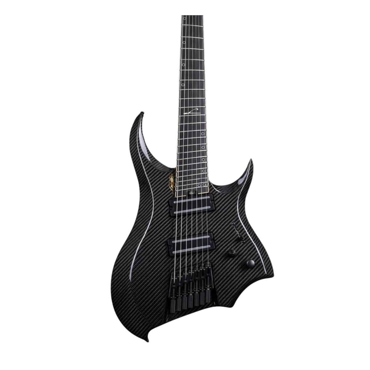 Musifacts Legator Revenant 7 electric guitar with sleek black finish and modern design, showcasing its body and fretboard.
