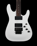 Schecter C1 FR electric guitar with a sleek black finish and Floyd Rose tremolo system, showcasing a modern design and dual humbucker pickups.