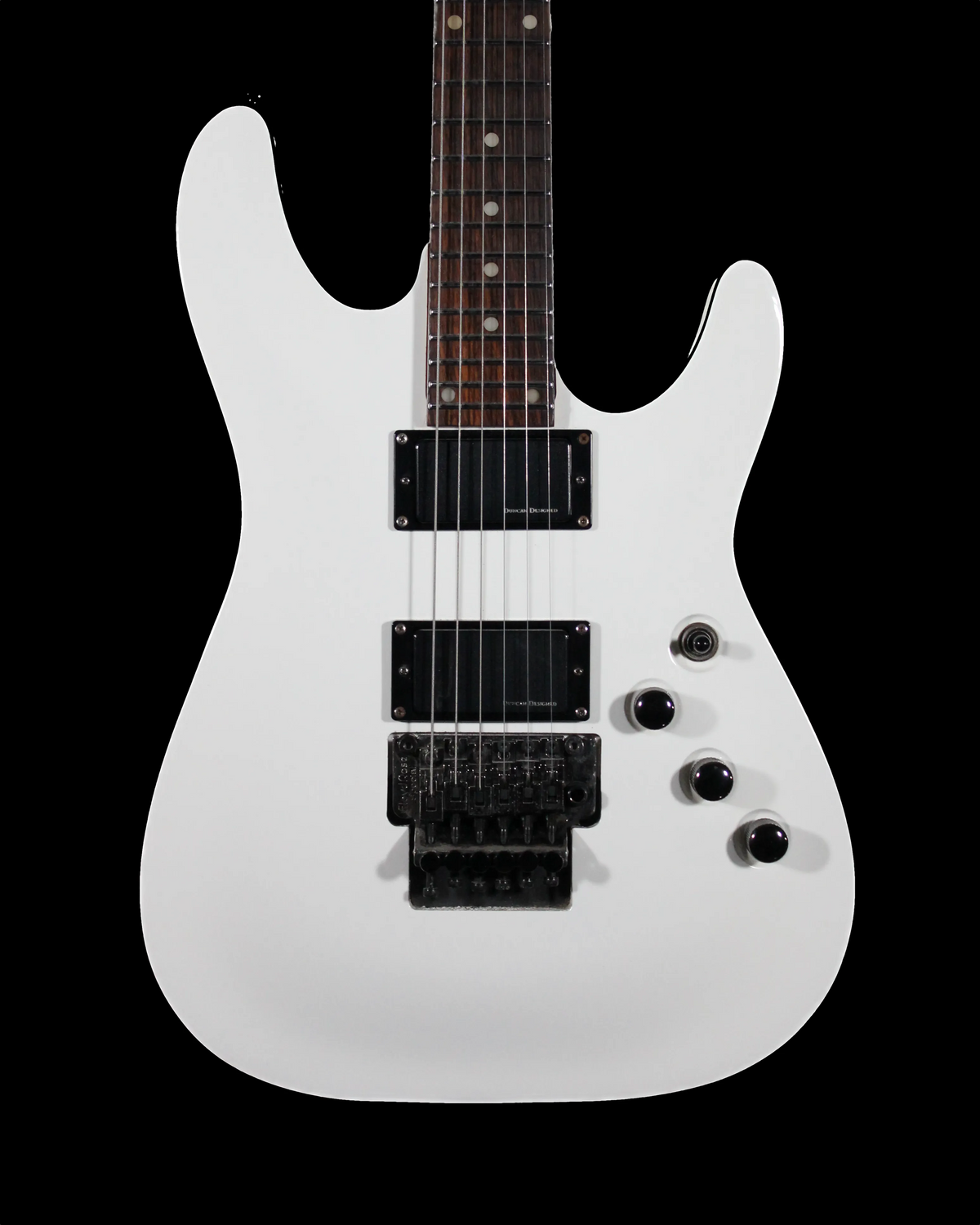 Schecter C1 FR electric guitar with a sleek black finish and Floyd Rose tremolo system, showcasing a modern design and dual humbucker pickups.
