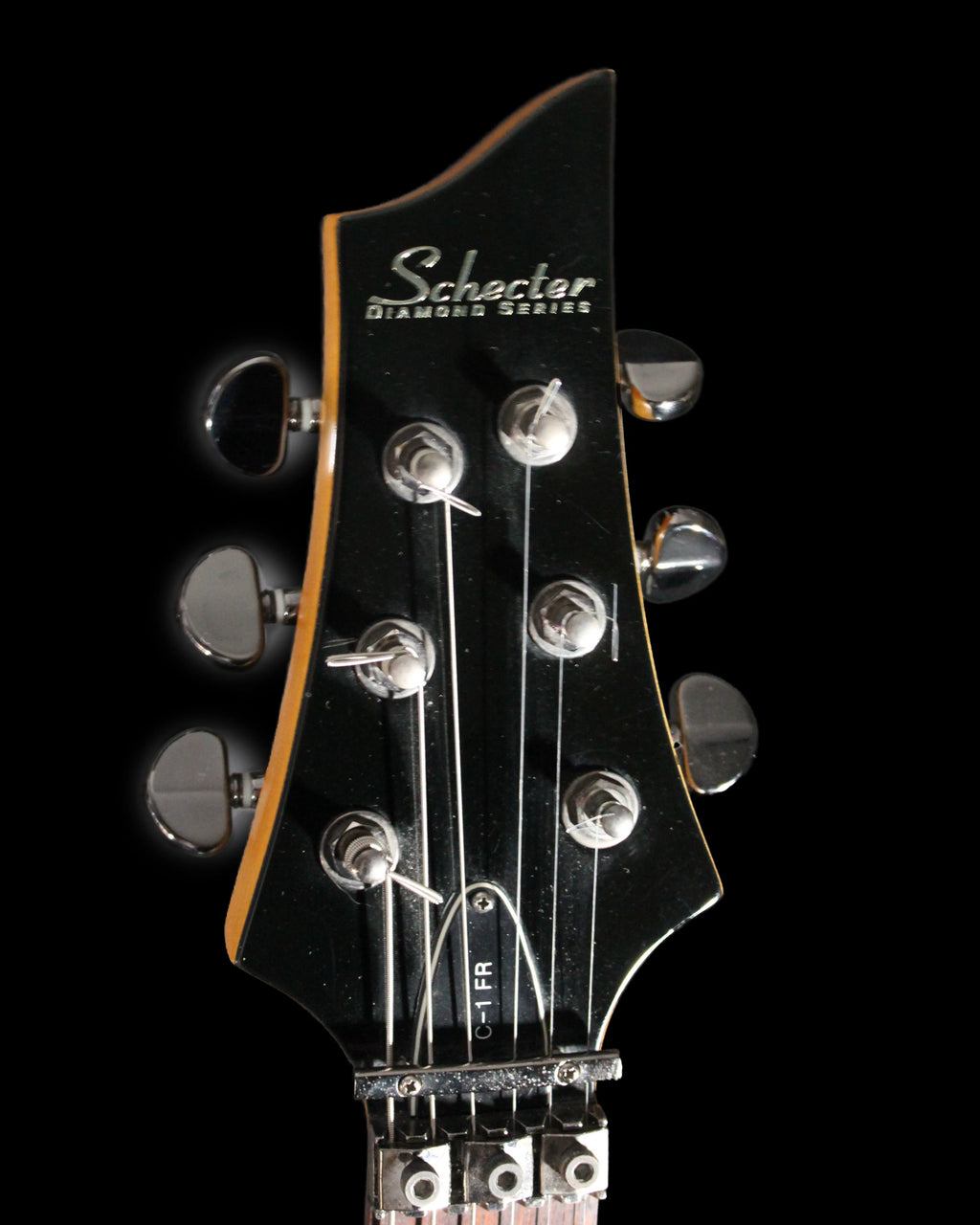 Schecter C1 FR electric guitar with a sleek black body, rosewood fretboard, and double-cutaway design from CDS Guitars.