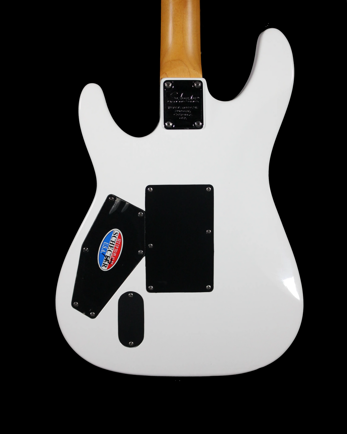 CDS Guitars Schecter C1 FR electric guitar with sleek black finish and Floyd Rose tremolo bridge, shown from a side angle.