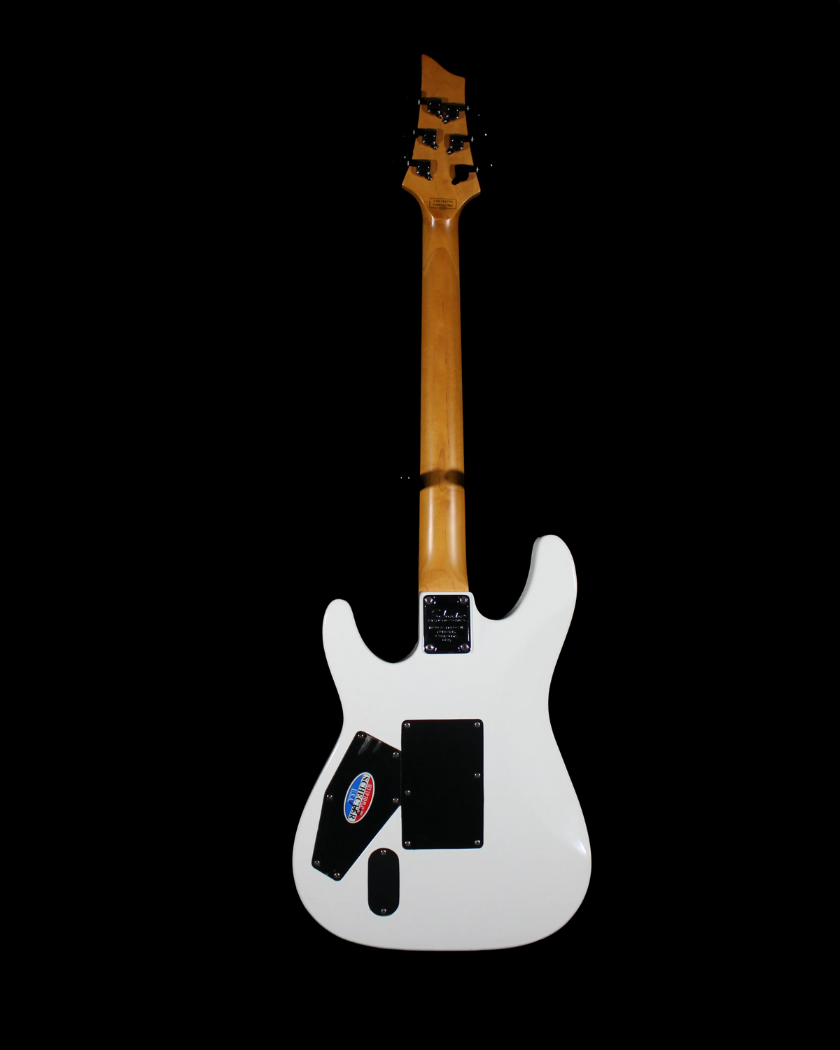 Schecter C1 FR electric guitar with sleek black finish and Floyd Rose tremolo, displayed on a stand.