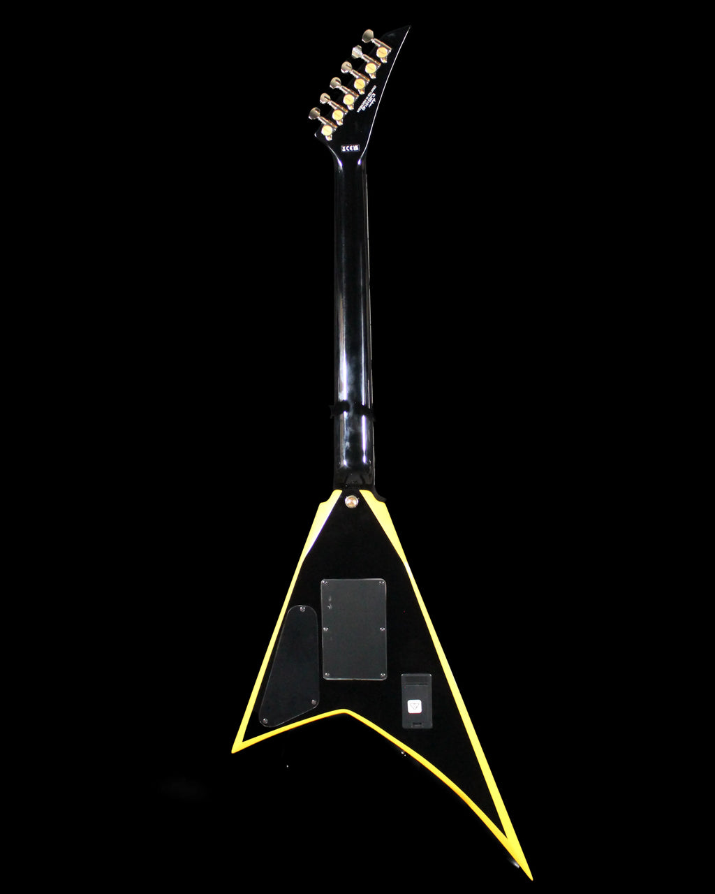 CDS Guitars Jackson RRX24 Rhoads electric guitar with sleek black finish and distinctive V-shaped body, close-up of the instrument's body.