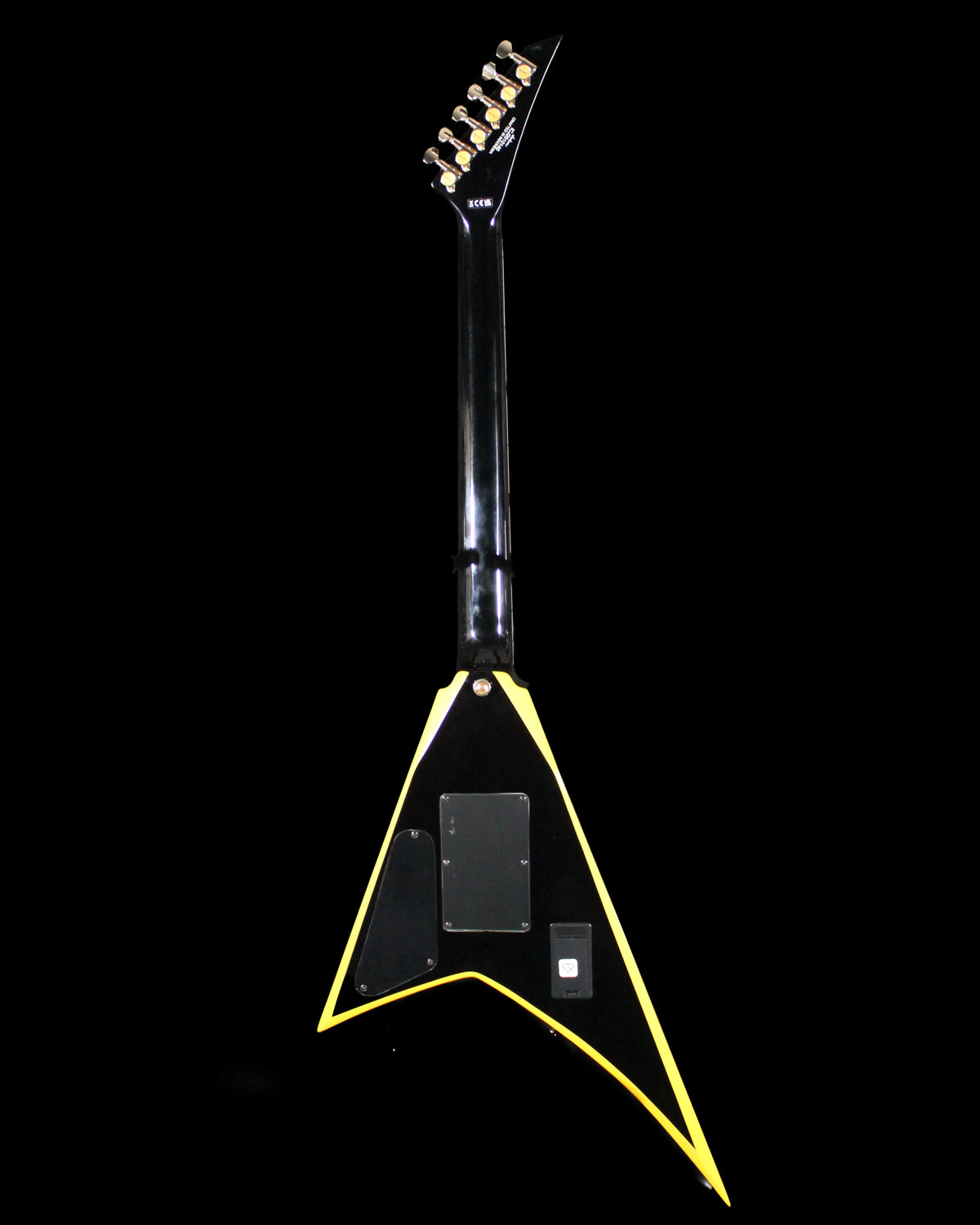CDS Guitars Jackson RRX24 Rhoads electric guitar with sleek black finish and distinctive V-shaped body, close-up of the instrument's body.