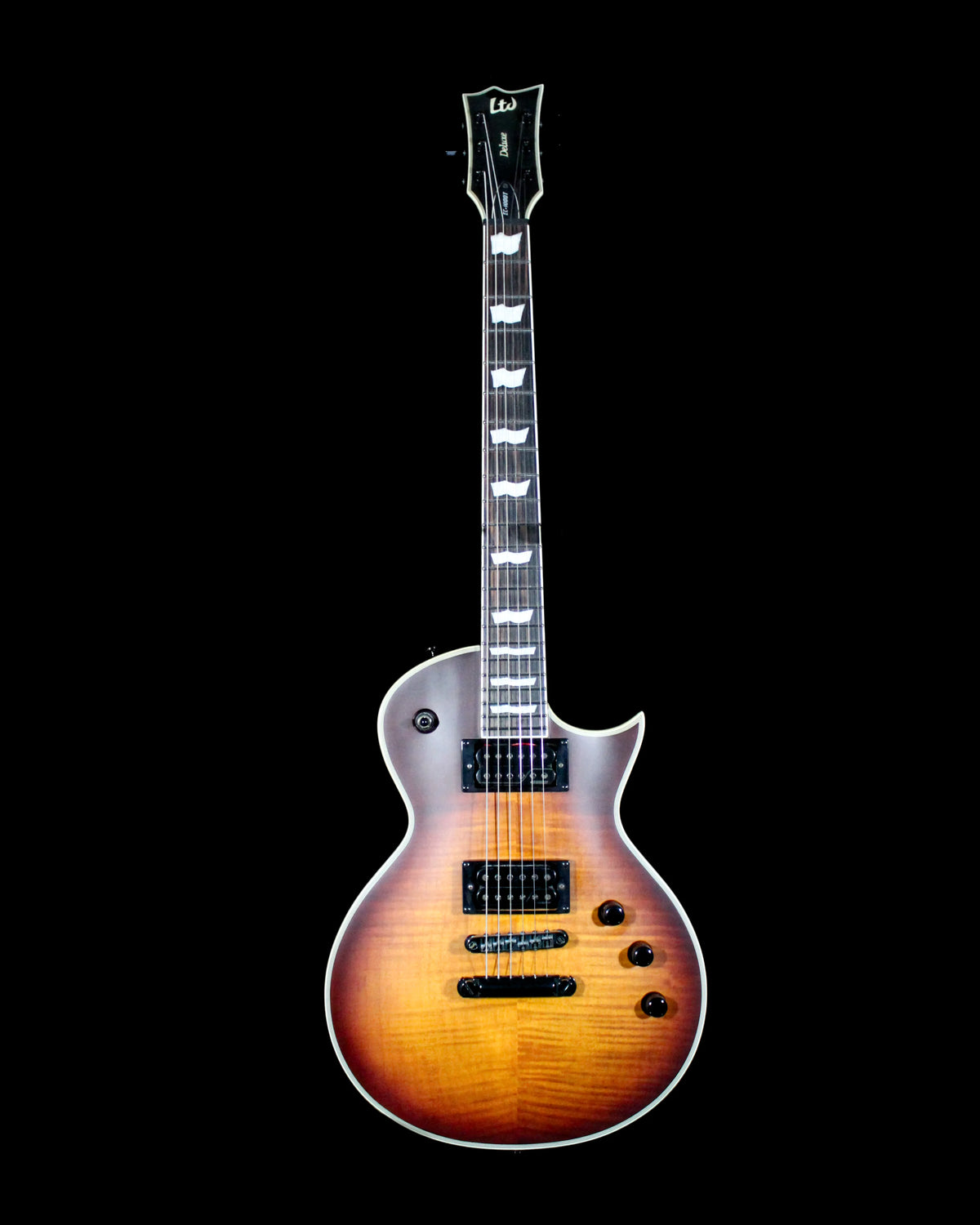 CDS Guitars ESP LTD EC-1000T electric guitar with a sleek black finish and dual humbucker pickups, shown on a stand.