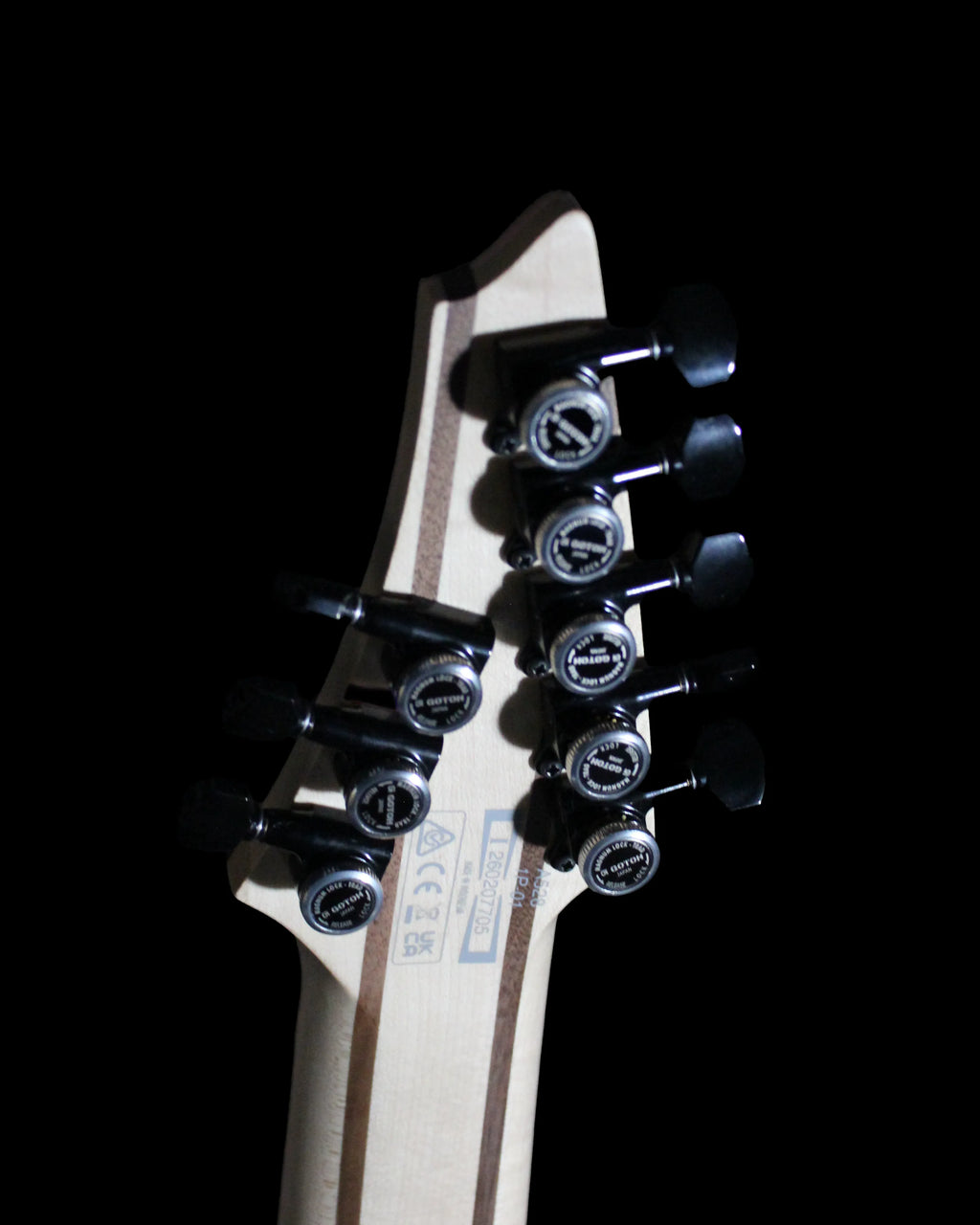 Ibanez Alpha A528-CMG 8-string guitar by CDS Guitars, showing the sleek black body and modern design.