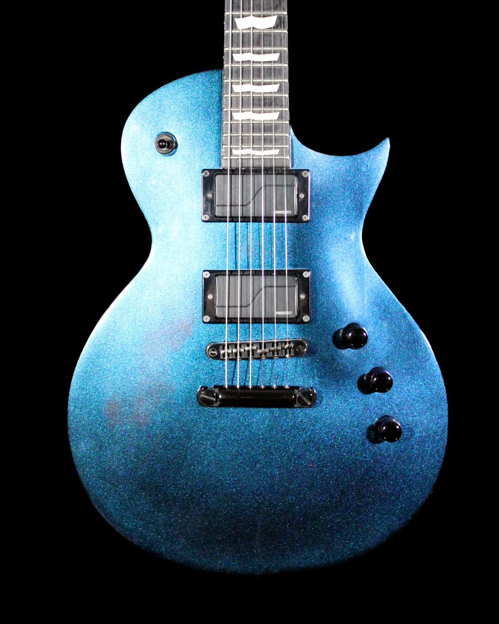 CDS Guitars ESP LTD EC-1000 electric guitar with a sleek black finish and chrome hardware, showing the body and neck details.