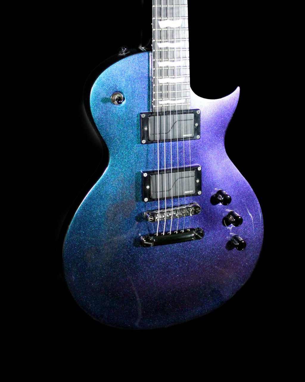 CDS Guitars ESP LTD EC-1000 electric guitar with sleek black finish and dual humbucker pickups, shown on a stand against a plain background.