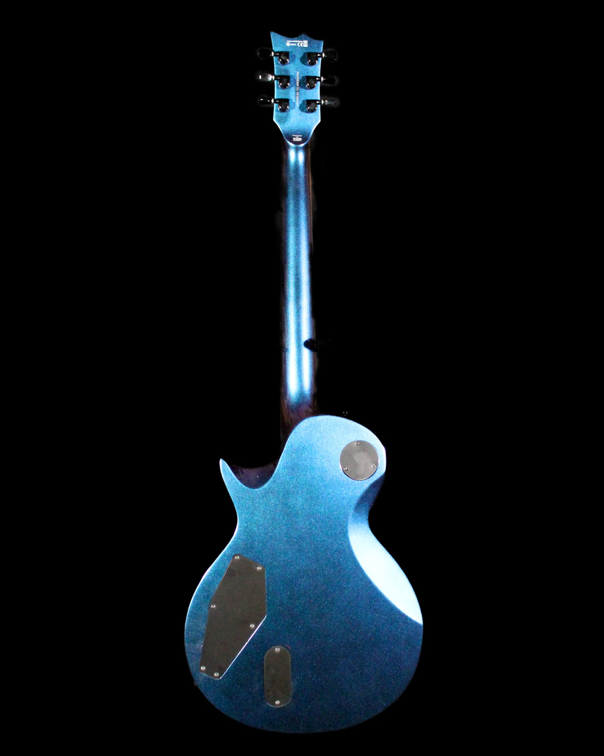 CDS Guitars ESP LTD EC-1000 electric guitar with sleek black finish and chrome hardware, shown on a stand against a plain background.