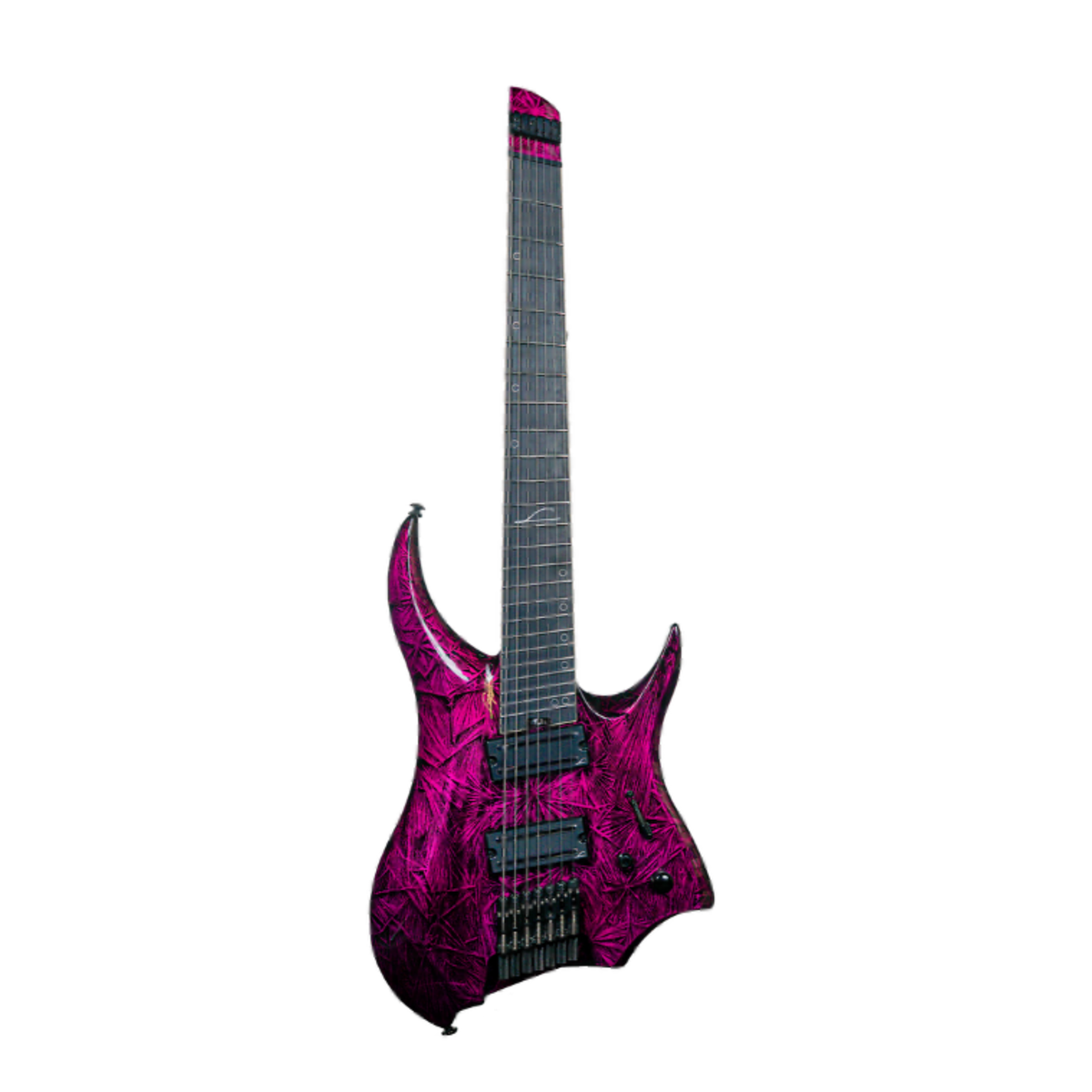 Musifacts Legator Revenant 7 electric guitar with sleek black finish and modern design, displayed on a stand.