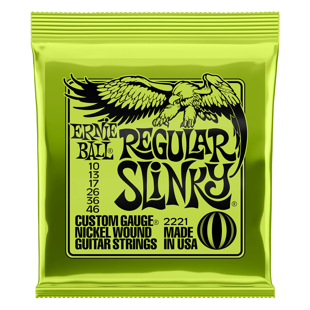 Close-up of Ernie Ball guitar strings from Strings & Things, showing the shiny metal wound and plain steel strings.