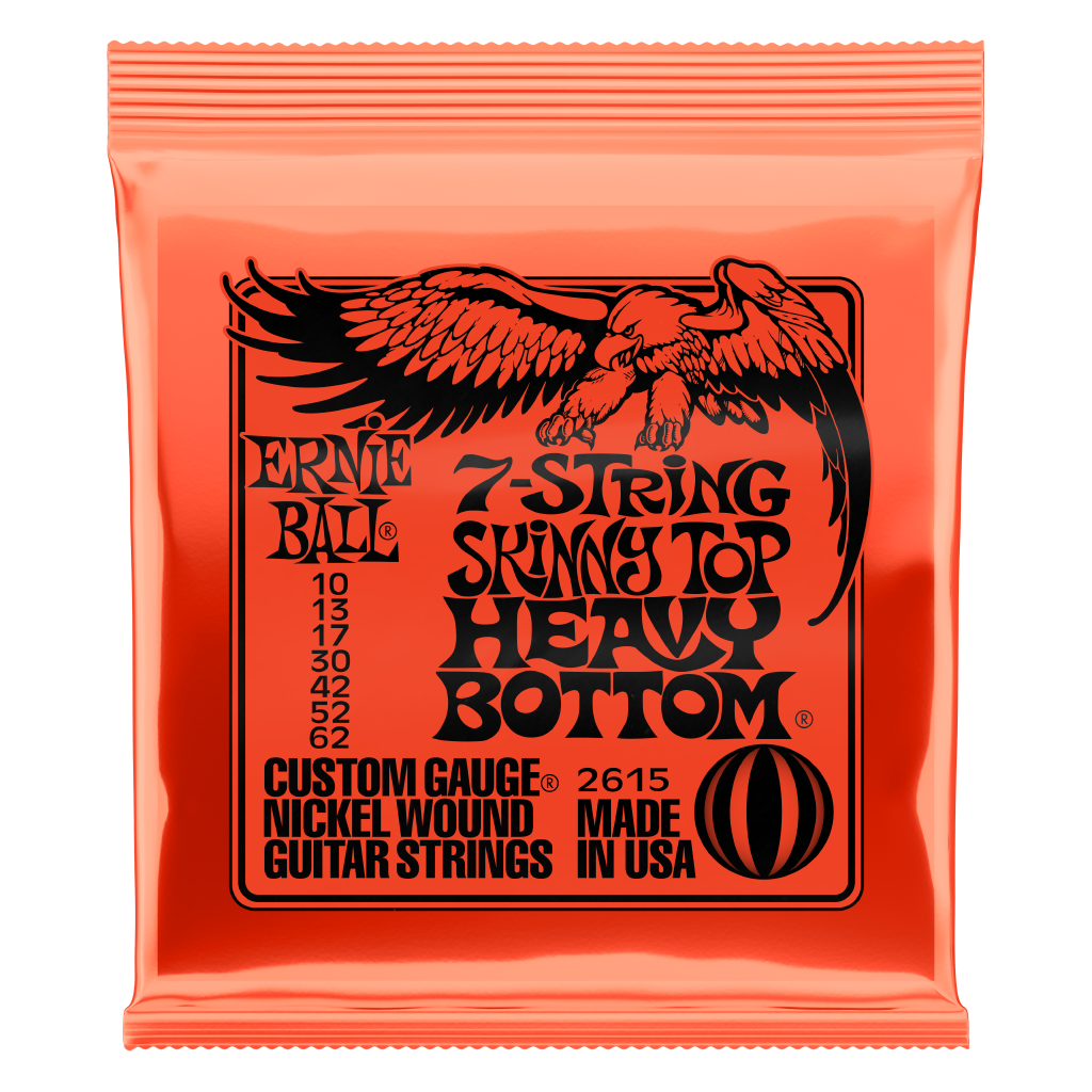 Close-up of Ernie Ball guitar strings from Strings & Things, showcasing the shiny metal strings coiled on a white background.