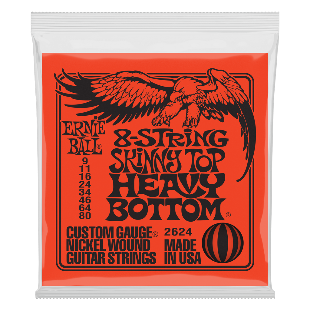Ernie Ball guitar strings from Strings & Things, close-up of the strings showing packaging and branding.